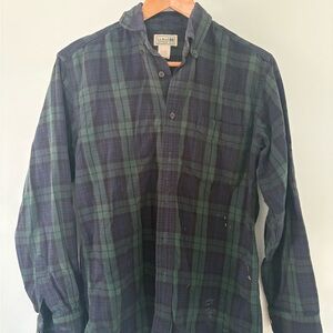 L.L. Bean Men's Dark Green and Navy Plaid Shirt